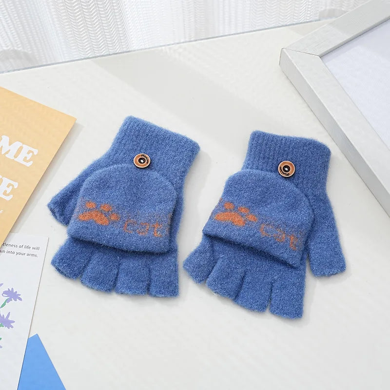 Children's Warm Gloves for Boys and Girls Cartoon Cute Half Finger Knitted Winter Flip Cover Baby Thick Cold Proof Five Fingers