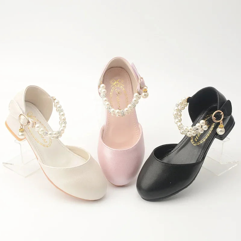 Fashion Children's Leather Shoes Spring New Pearl Girls' High Heels Princess Shoes Student White Performance Shoes