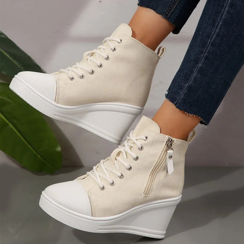 women's sneakers new invisible wedge heels zip lace up classic canvas shoe Platform fashion lightweight high top shoes for women