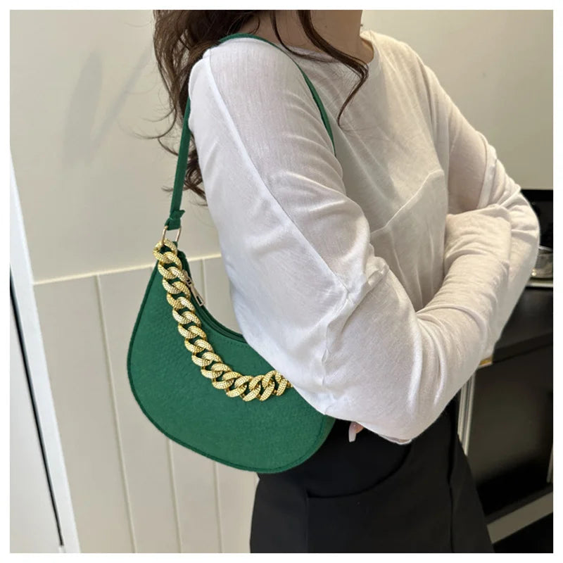Fashion Women Felt Handbags Imitation Metal Chain Underarm Bag Retro Ladies Solid Color Shoulder Bag Trendy Casual Clutch Purse