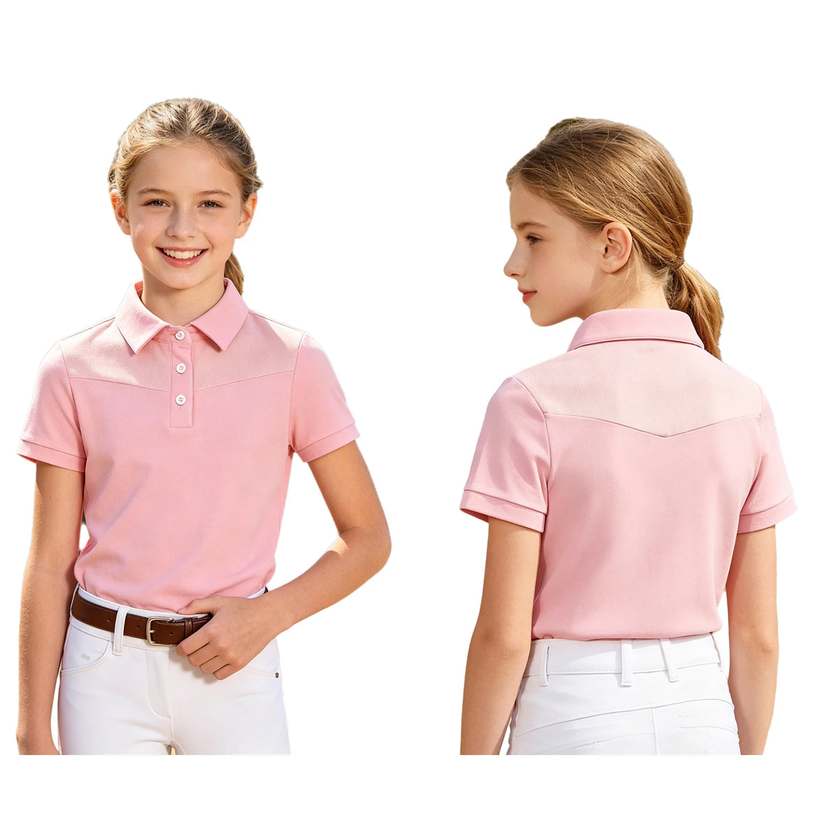 Kids Girls Horse Riding Shirts Short Sleeve Turn Down Collar Buttons T-shirt Closure Design Equestrian Costumes Sports Tops