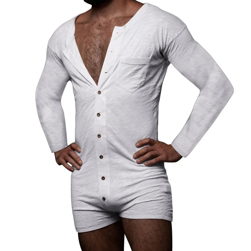 Men Pajamas Rompers Solid Color O Neck Long Sleeve Button Jumpsuits Homewear 2025 Breathable Men Thin