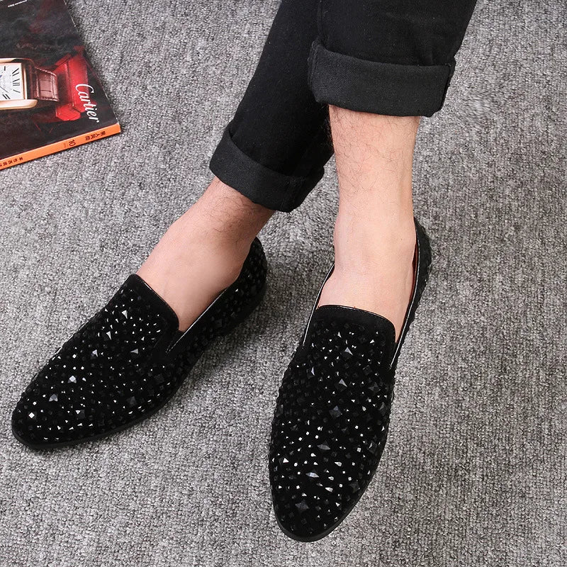 Fashion Men's Loafers Rhinestone Sequin Flat Shoes Comfortable Large Size Slip-on Casual Shoes Soft Moccasins Zapatos De Hombre