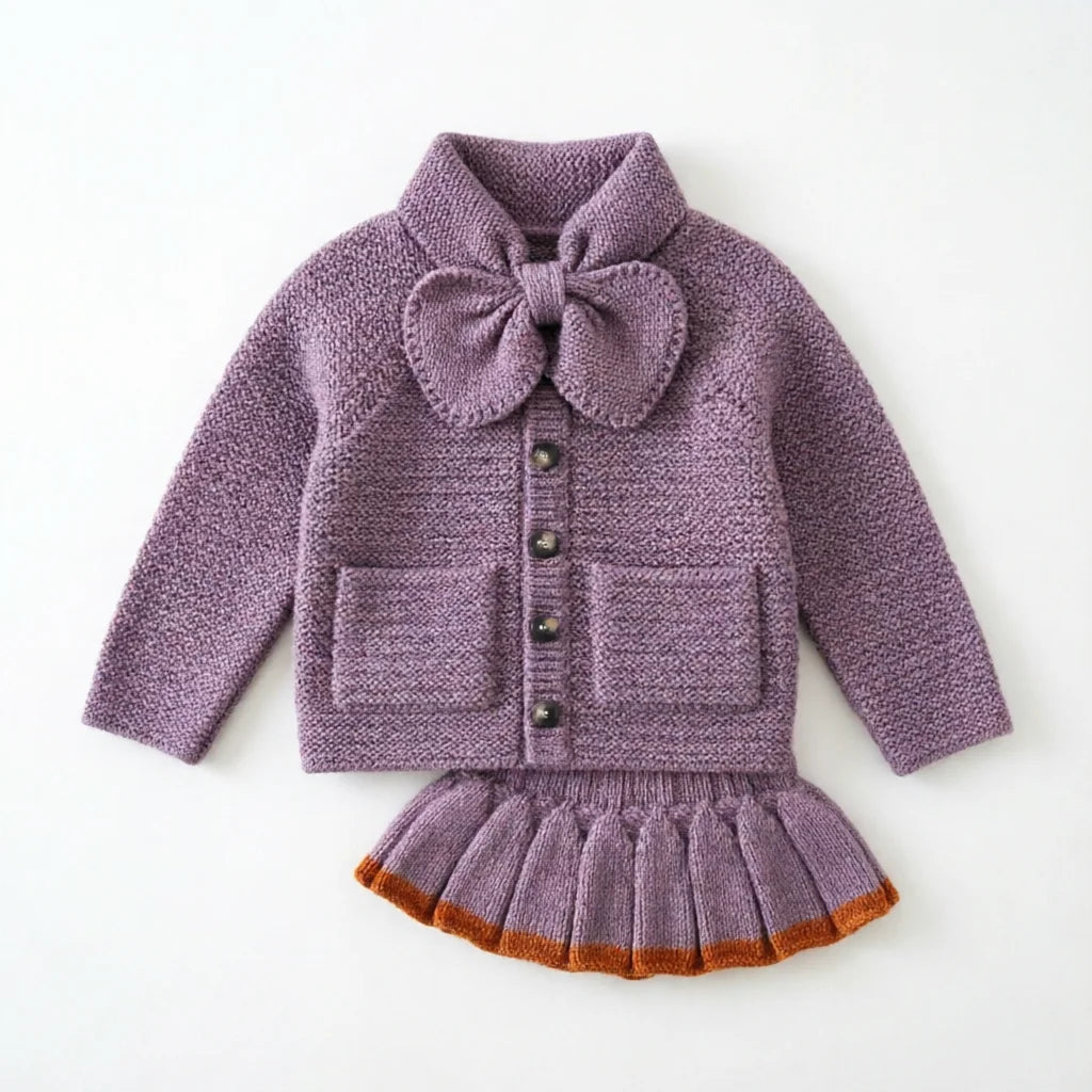 Girls Sweater Set 2026 New Autumn Winter Purple Heart Bow Knit Sweater Skirt Pants 2 Piece Set Kids Fashion Outfit