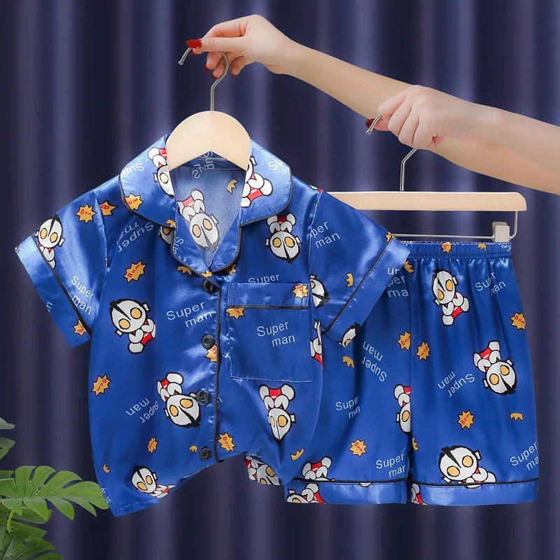 Anime 2Pcs Pikachu Boys Children Pajama Set Cartoon Girls Summer Thin Version Ice Silk Lapel Short Sleeve T-Shirt Shorts Pijamas