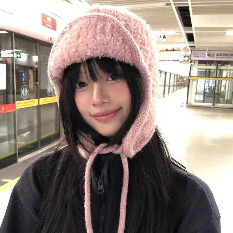 Ear-protective Woolen Knitted Hats for Women, Autumn Winter Thickened Fleece Caps, Ideal for Large Head Circumference