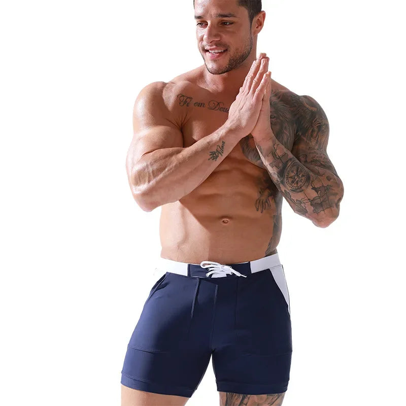 Sexy Men's Swimwear Shorts Summer Quick Dry Swimming Trunks Surf Board Shorts Boxer Briefs Tethered Swimsuit Beachwear  New