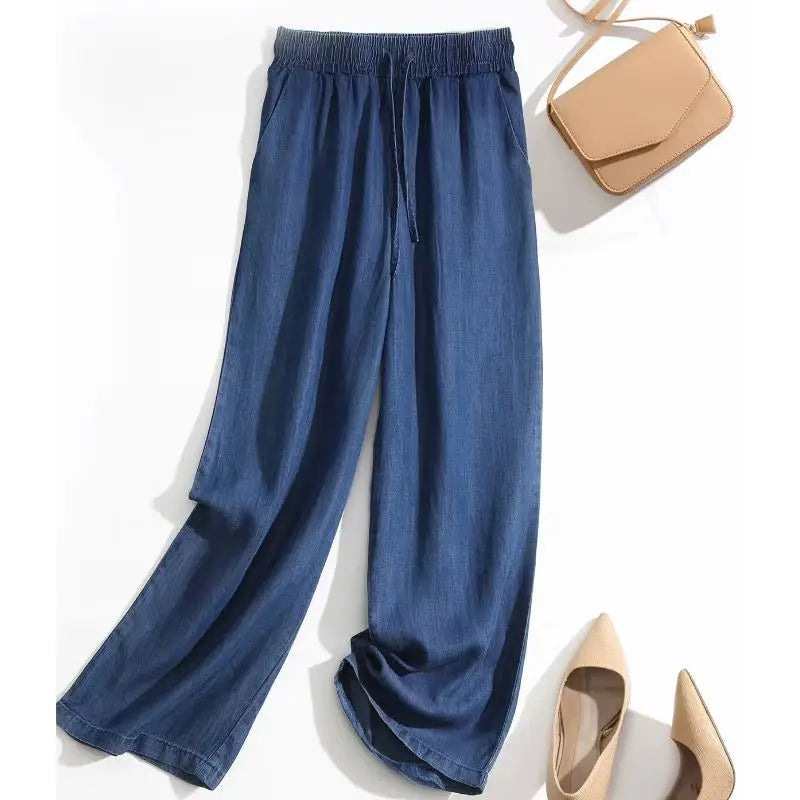 Summer High Waist  Ice Silk Elastic Straight Leg Jeans Loose Wide Leg Nine Pants Women's plus Size Loose Fit Trousers