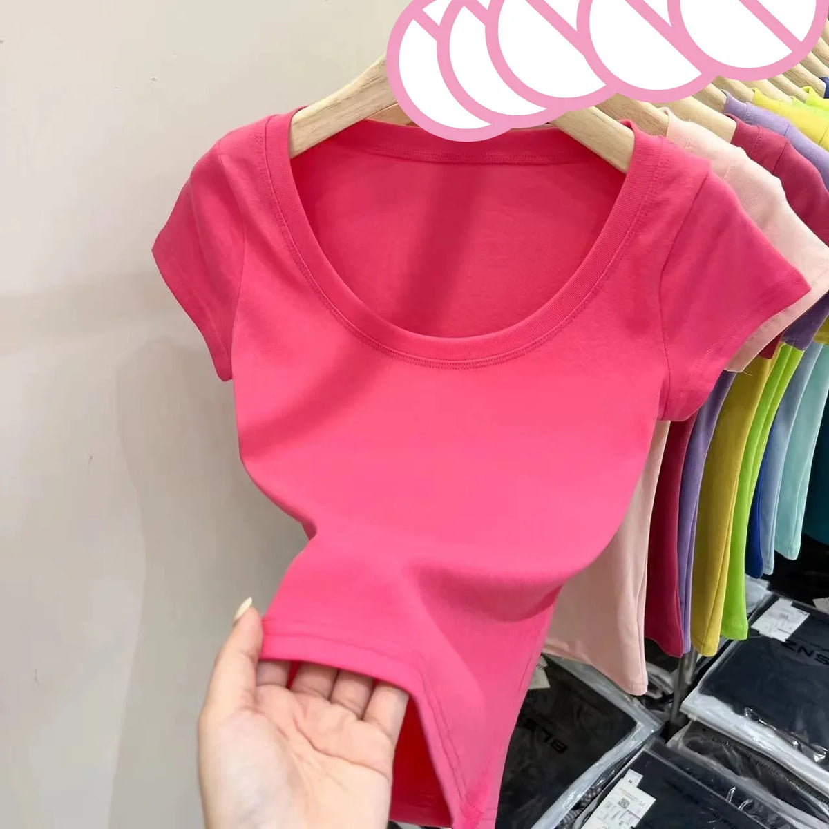 Women's Clothing U-neck T-Shirts Tops Tees pure cotton shoulder sleeved summer solid color slimming short low neck bottom shirt