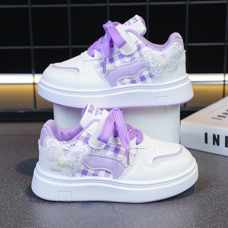 Girls Sneakers White Lace Decoration Butterfly Children's Sports Shoes Breathable Casual Non-slip Outdoors Kids Board Shoes