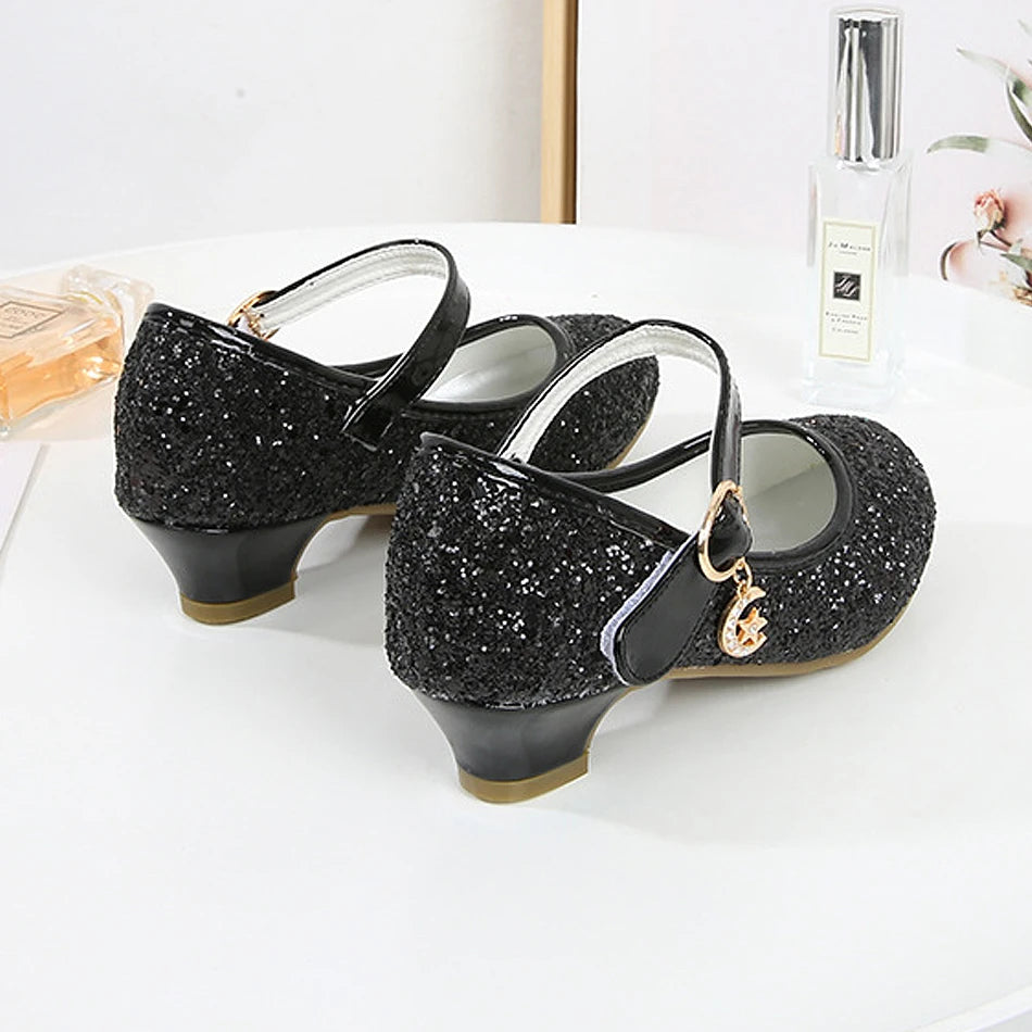Girls Fashion Sequin High Heels for Kids Princess Shoe Children Party Wedding Dance Shoe Student Performance Solid Color Shoes