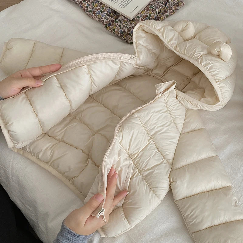 Kids Baby Lightweight Short Down Cotton Jacket Boys Girls Solid Loose Hooded Zipper Coats Autumn Winter Cotton-padded Outerwear