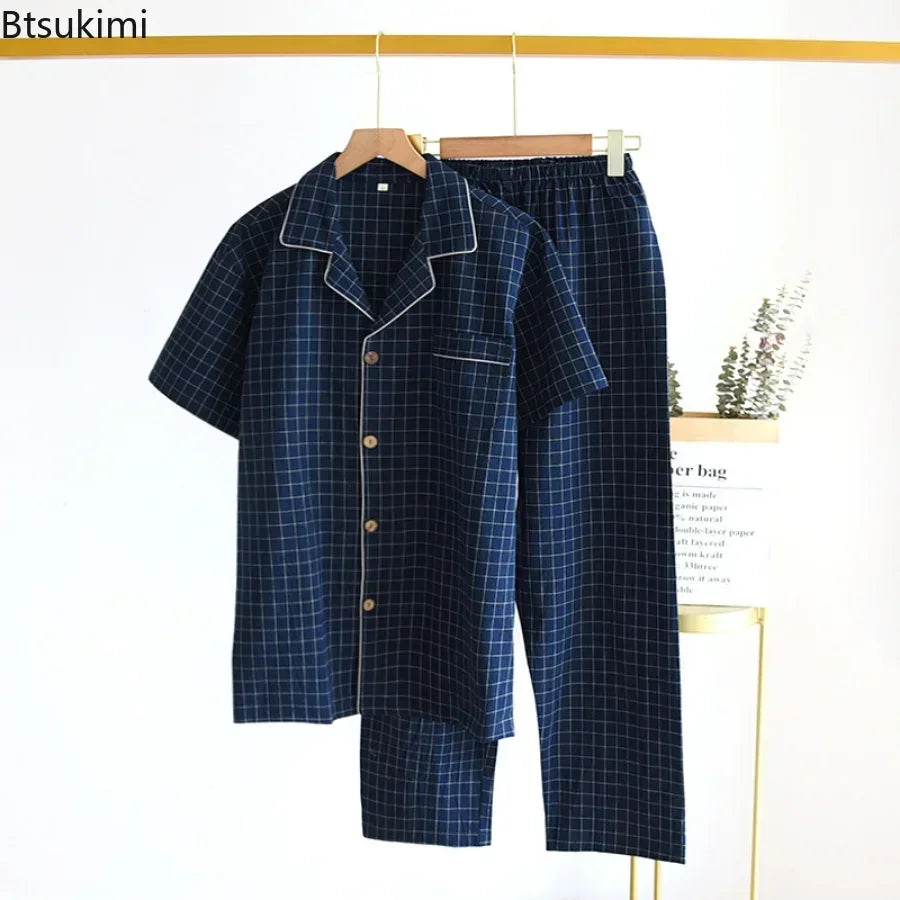 2026 Men's Spring Summer Pajamas Short Sleeved Top and Pants Washed Cotton Simple Plaid Home Service Suit Pantalon Pijama Hombre
