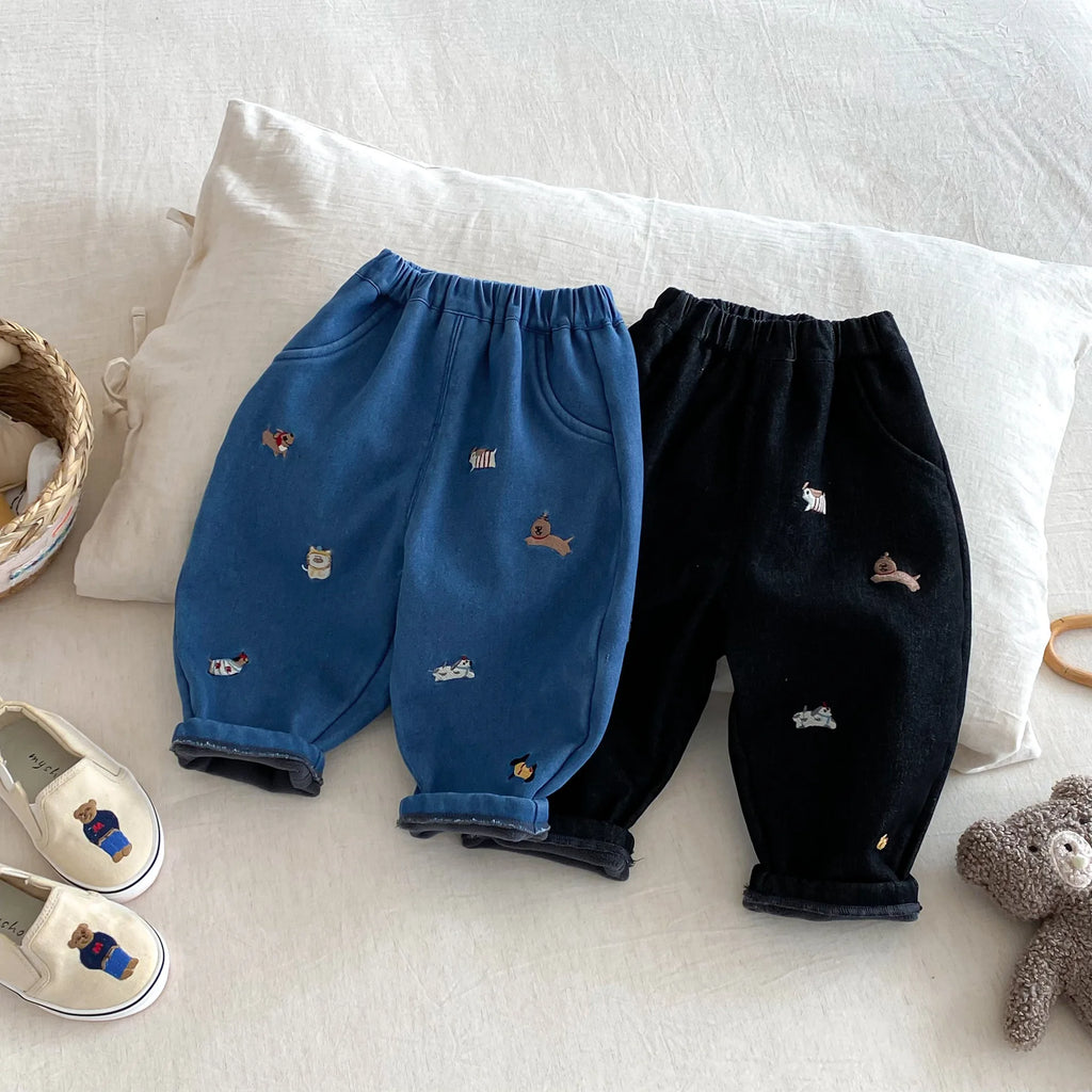 Winter Kids Pants Fur Lining Boys Jeans Embroidery Girls Denim Pants Thicken Girls Trousers