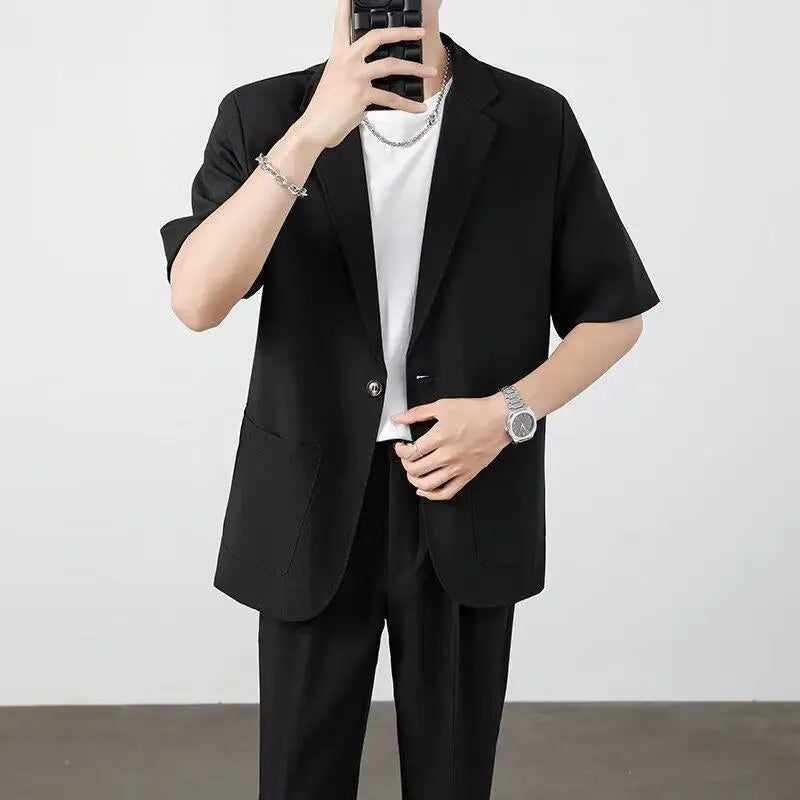 Men's Casual Half Sleeve Suit Jacket Polyester Fiber Breathable round Hemline Single Button Closure Standard Fit Adult Wear