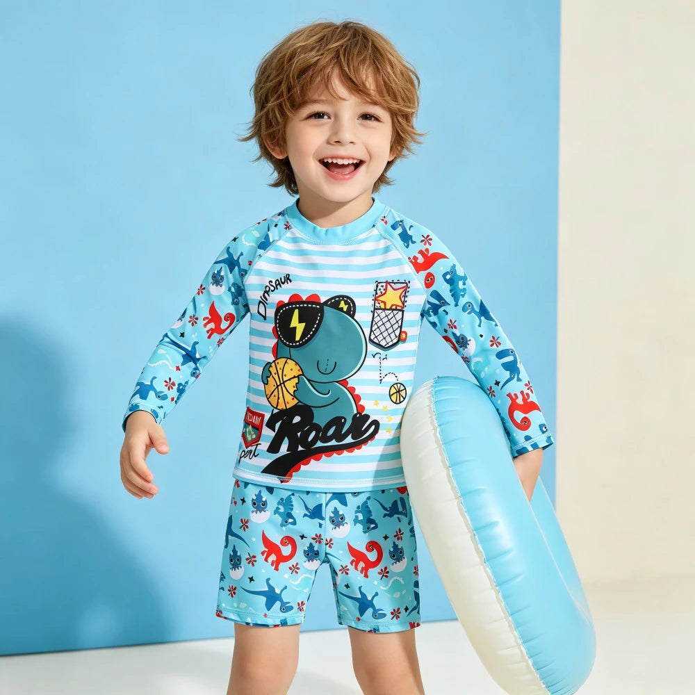 Kids Long Sleeve Swimwear Set 2Pcs Boys Girls Cartoon Swimsuit UV Protection Beachwear for Children Toddler Bathing Suit