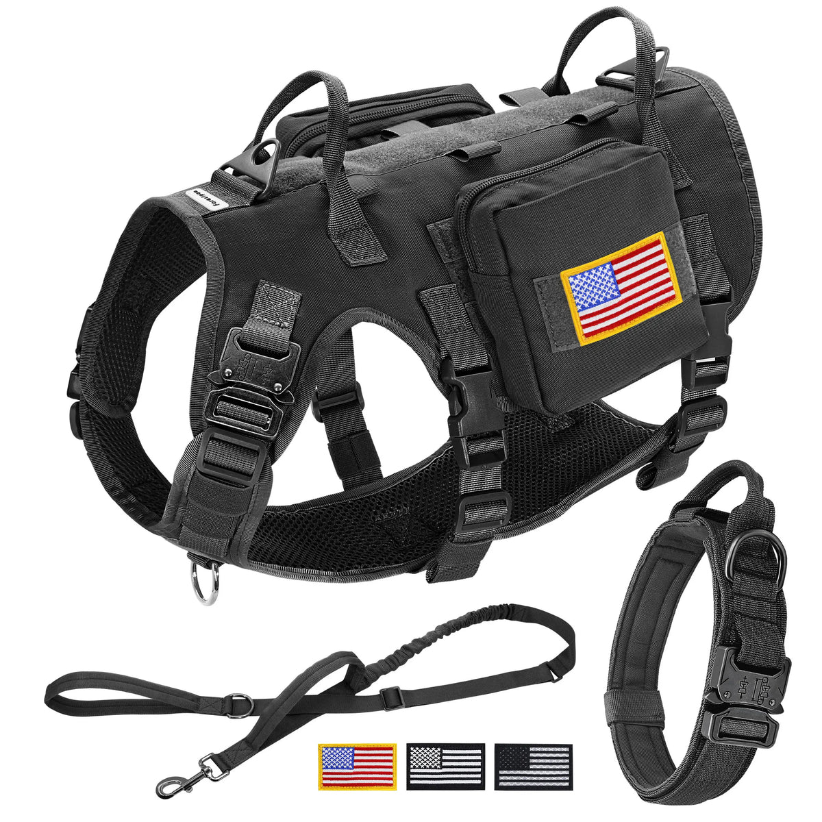 Military Tactical Dog Harness Collar Leash Set with Pouches Flags Durable Pet Harnesses Vest Collars Leashes for Dogs Training