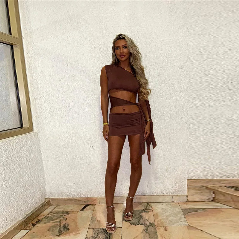 2026 New Sexy Exquisite Hollow Outfits Vacation Beach Light Lace Up Clothes Women's Trendy Unique Design Cropped Mini Dresses