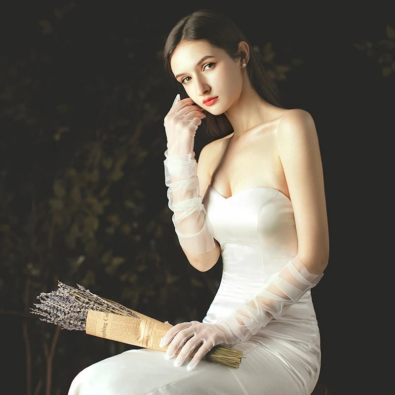 WG002-1 Elegant White / Black Long Gloves Light Breathable Tulle Brides Bridesmaid Wedding Pageant Prom Women Gloves