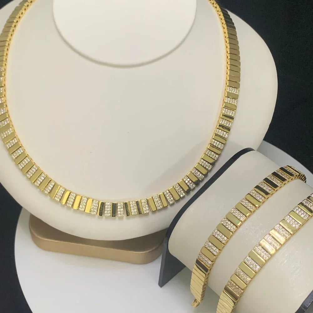 Gold Plated Fashion Women Jewelry Set Geometric Plain CZ Paved Bar Charm Link Chain Choker Necklace Bracelets