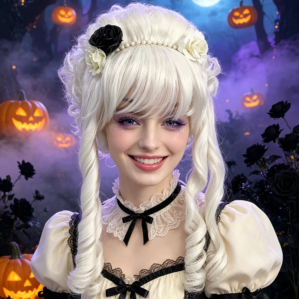White Curly Updo Synthetic Wig Floral Gothic Rococo Victorian Women Halloween Lolita Cosplay Party Costume Hairpiece
