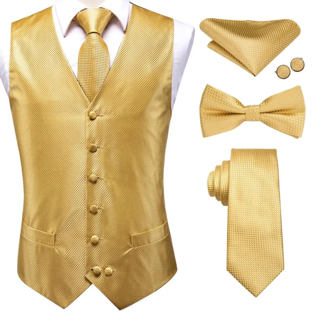 Luxury Gold Mens Suit Vest Red Blue Green Yellow Red Waistcoat Tie Bowtie Hanky Cufflinks Set Male Waist Jacket Wedding Office