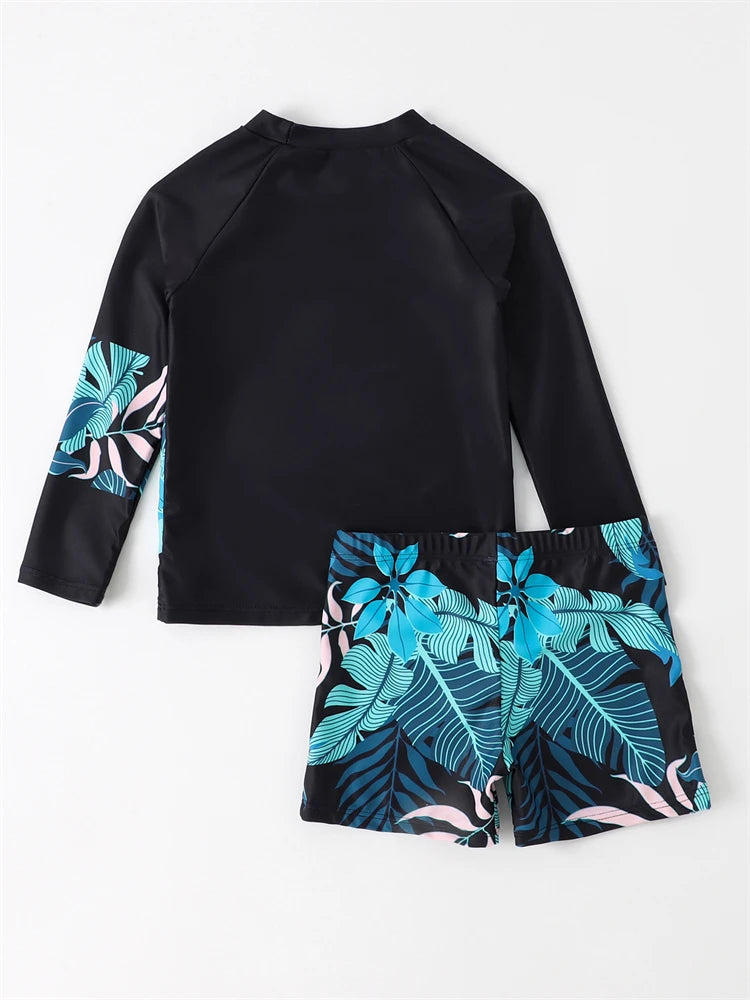 Boy Swimsuit 2026 New Leaves Print Long Sleeve Children Swimwear Summer Two Piece Kids Beach Wear Swimming Bathing Suit Boys Men