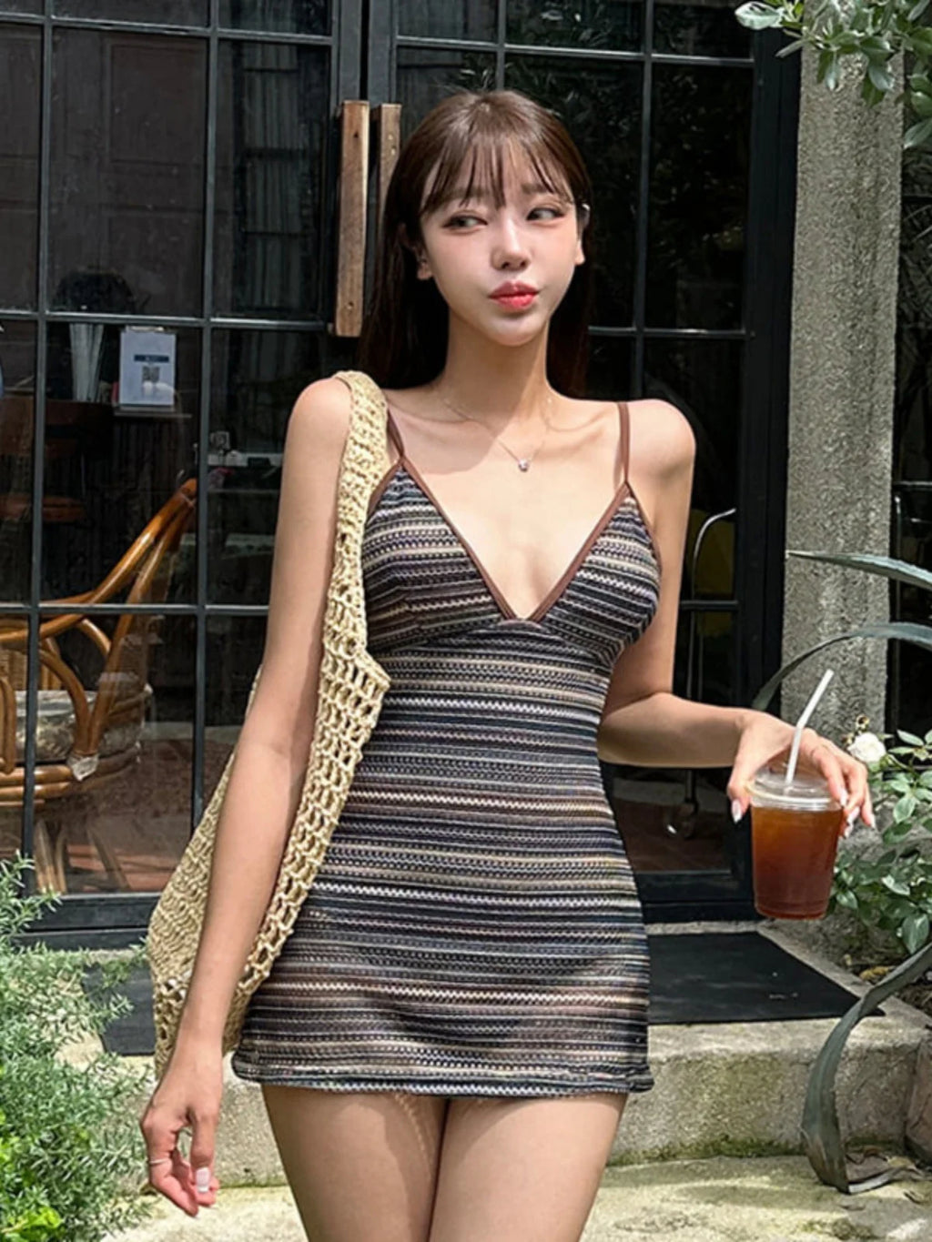 Conservative e One-Piece Bikini Swimwear Striped Sexy Hot Springs Beach Vaion Women's Sportswear Fixed Chest Pad