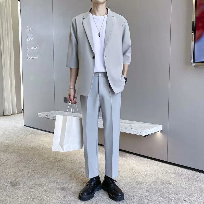 Men's Casual Half Sleeve Suit Jacket Polyester Fiber Breathable round Hemline Single Button Closure Standard Fit Adult Wear