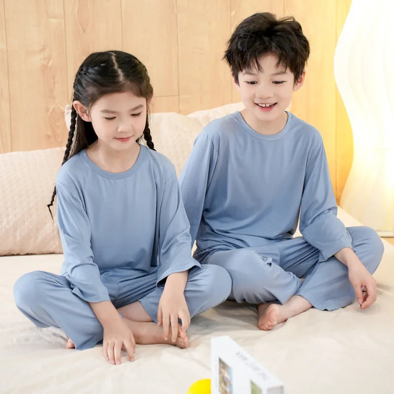 Pajamas Set for Kids Spring Summer Thin Long Sleeve Casual O-neck Children Sleepwear Two Pieces Modal Cotton Boys Girls Homewear