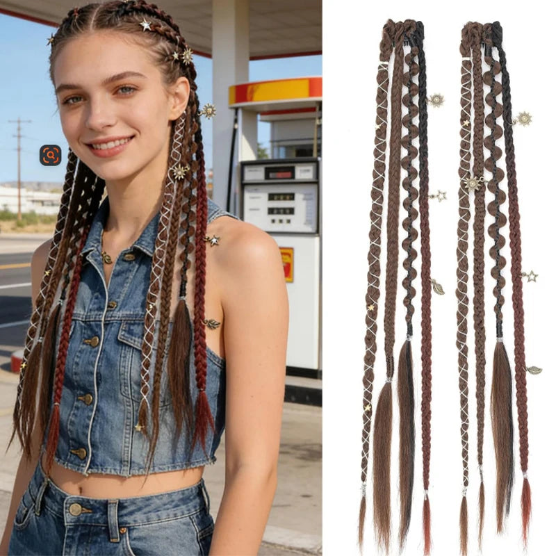 Wig with 4 small braids and hair extensions for women paired with Bohemian style BB clip on synthetic boxing braids