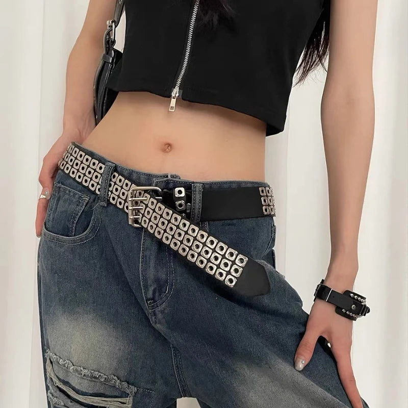 New Women Belt  Fashion Square Beads, Willow Nails, Three Exhaust Eyes, Punk Street Cool, Personalized Men's and Women's Belts