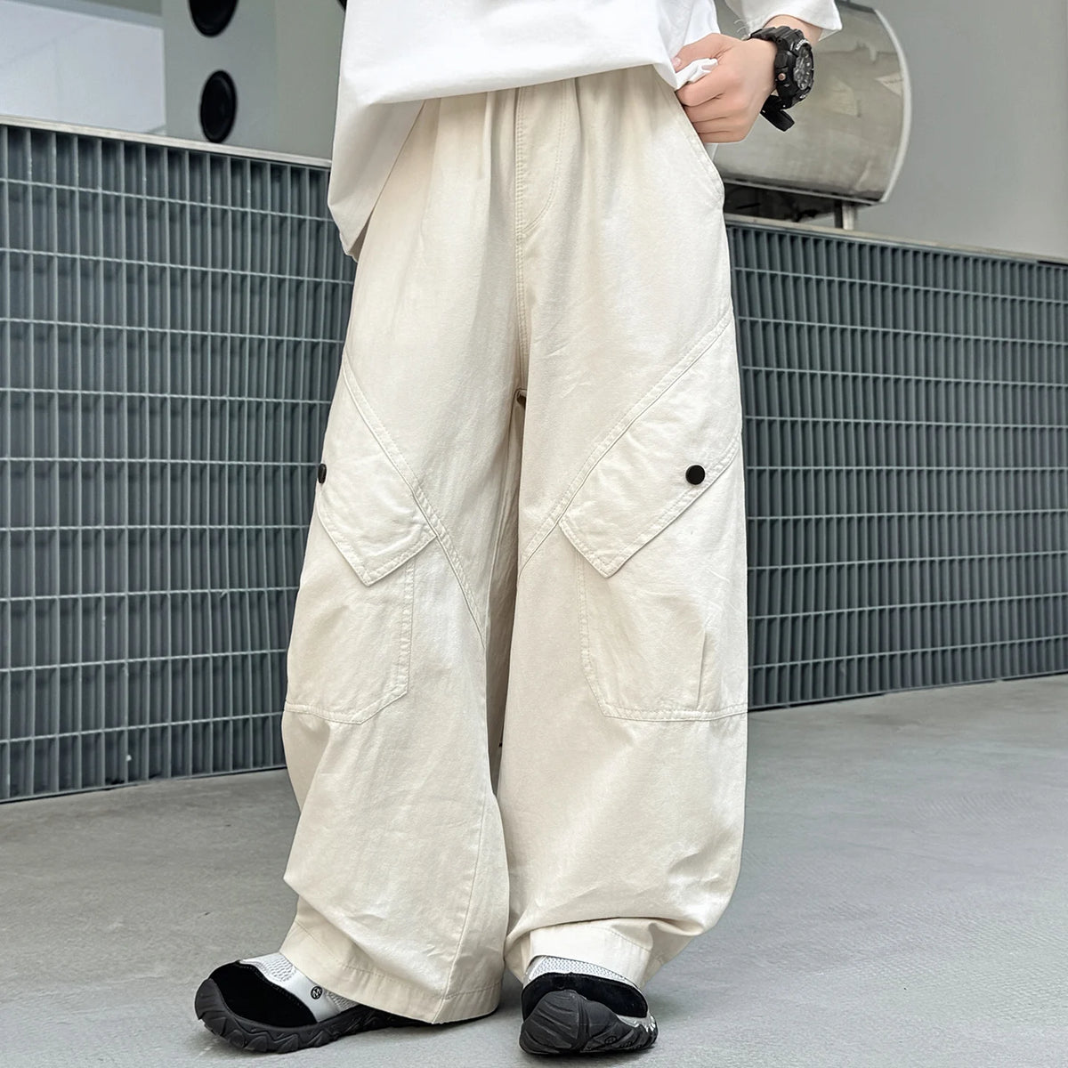 Kids Pants & Summer New Korean Solid Color Loose Cargo Pants for Boys Hip Hop Baby Cotton Wide-leg Pants Ages 3 5 6 7 8 9 12 14Y