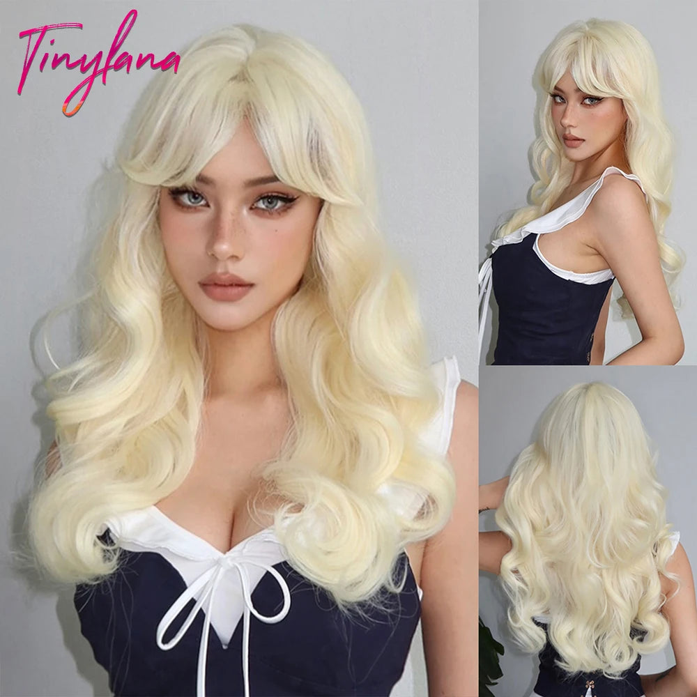 Wine Red Long Wavy Synthetic Wigs with Bangs for Women Colorful Burgundy Red Body Wave Cosplay Wig Halloween Heat Resistant Hair