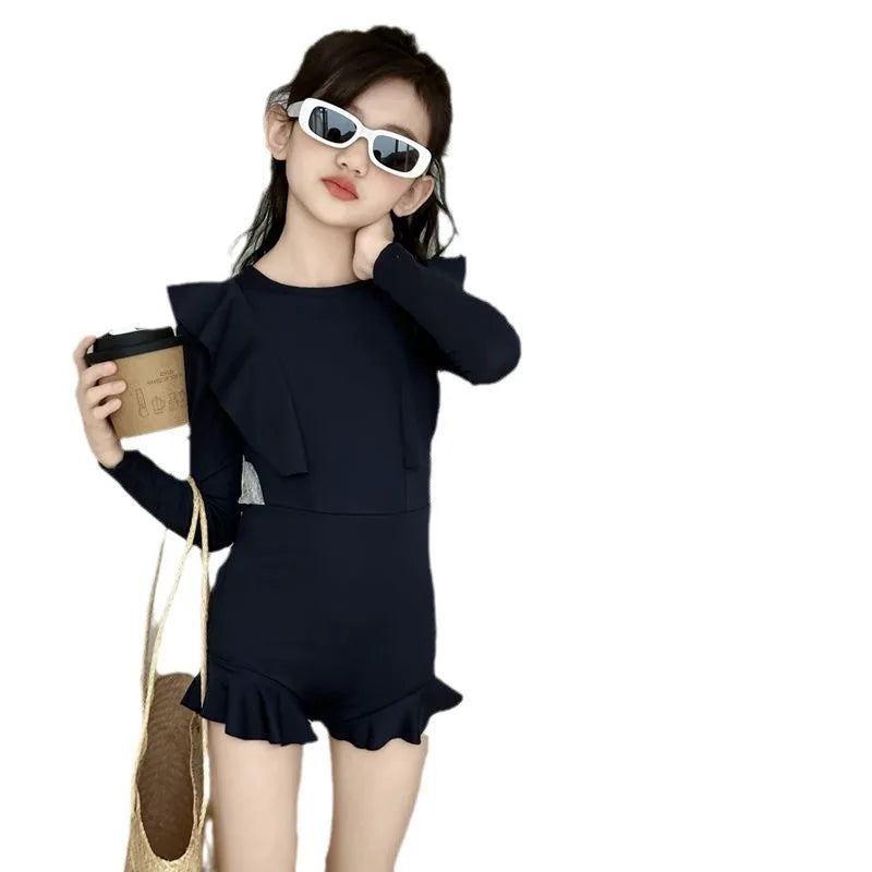 Girls Swimwear 2026 Ins Summer Simple Solid Hollow Out Long Sleeve Sunscreen Children Girls Swimsuit Kids Girls Swimwears
