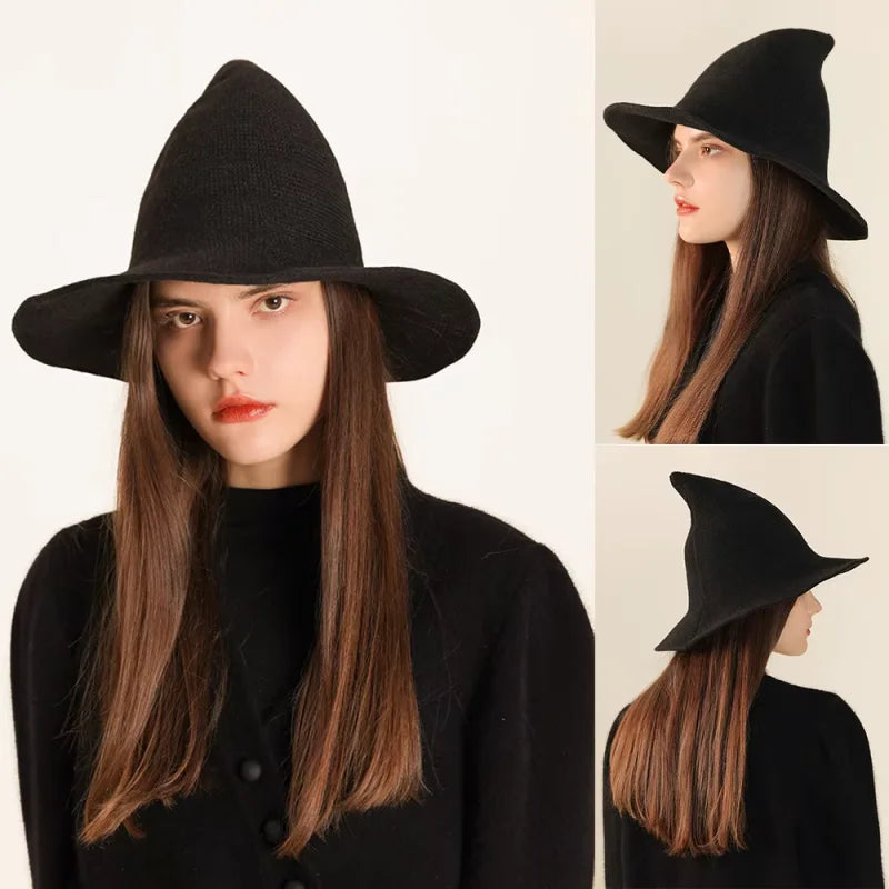 Women Witch Hat for Halloween Wool Hats Wide Brim Spire Knitted Cap Party and Daily