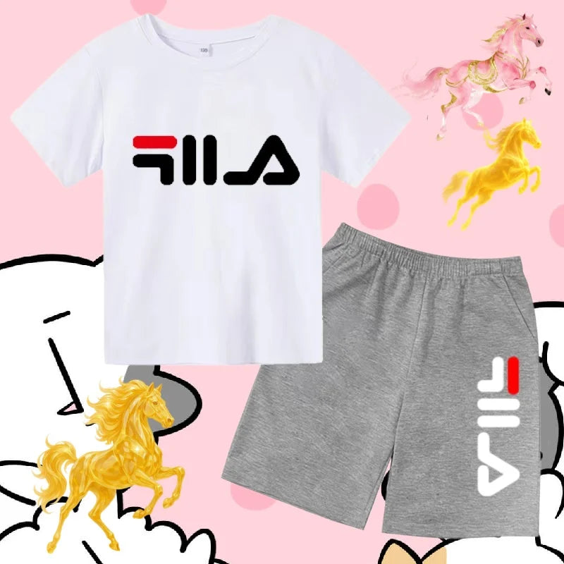 Kids Gift Sports Short-Sleeved Round Neck Black Letters Fashion White T-shirt+Shorts Summer Boy Girl Casual Outdoor Jogging Suit