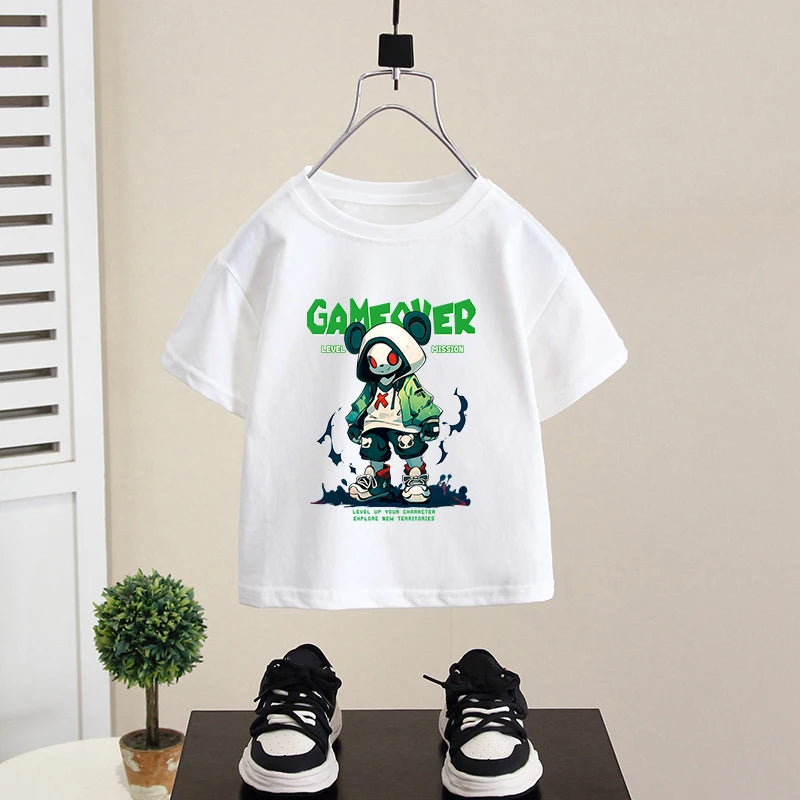 Boys Clothes GAME OVER Print Graphic T Shirts 2025 Summer Kids Clothes 100% Cotton Tops Short Sleeve T-shirt Girls 4-6Y 7-13Y