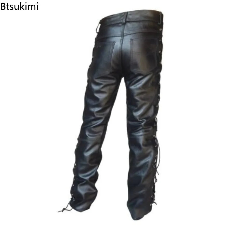 Men's Black PU Leather Side Laces Up Punk Style Long Pant Motorcycle Leather Trousers Leather Motorcycle Four Seasons Pants Male