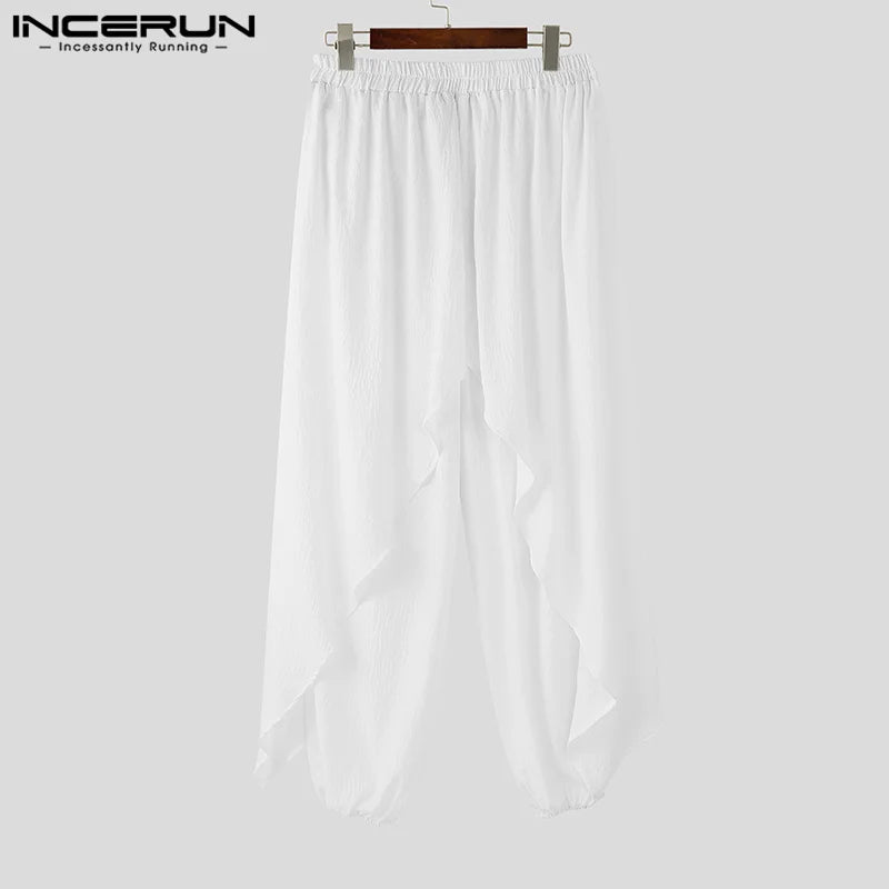 2024 INCERUN Men's Solid Color Long Harem Pant Causal Solid Trousers Ruffle Pantalons American Style Fashion Oversize Streetwear