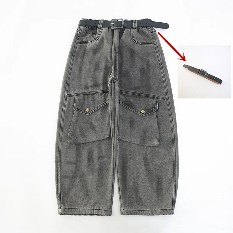 Kids Luxury Distressed Baggy Jeans with Belt for Boys And Girls Heavy Industry Denim Cargo Pants Children High Quality Trousers