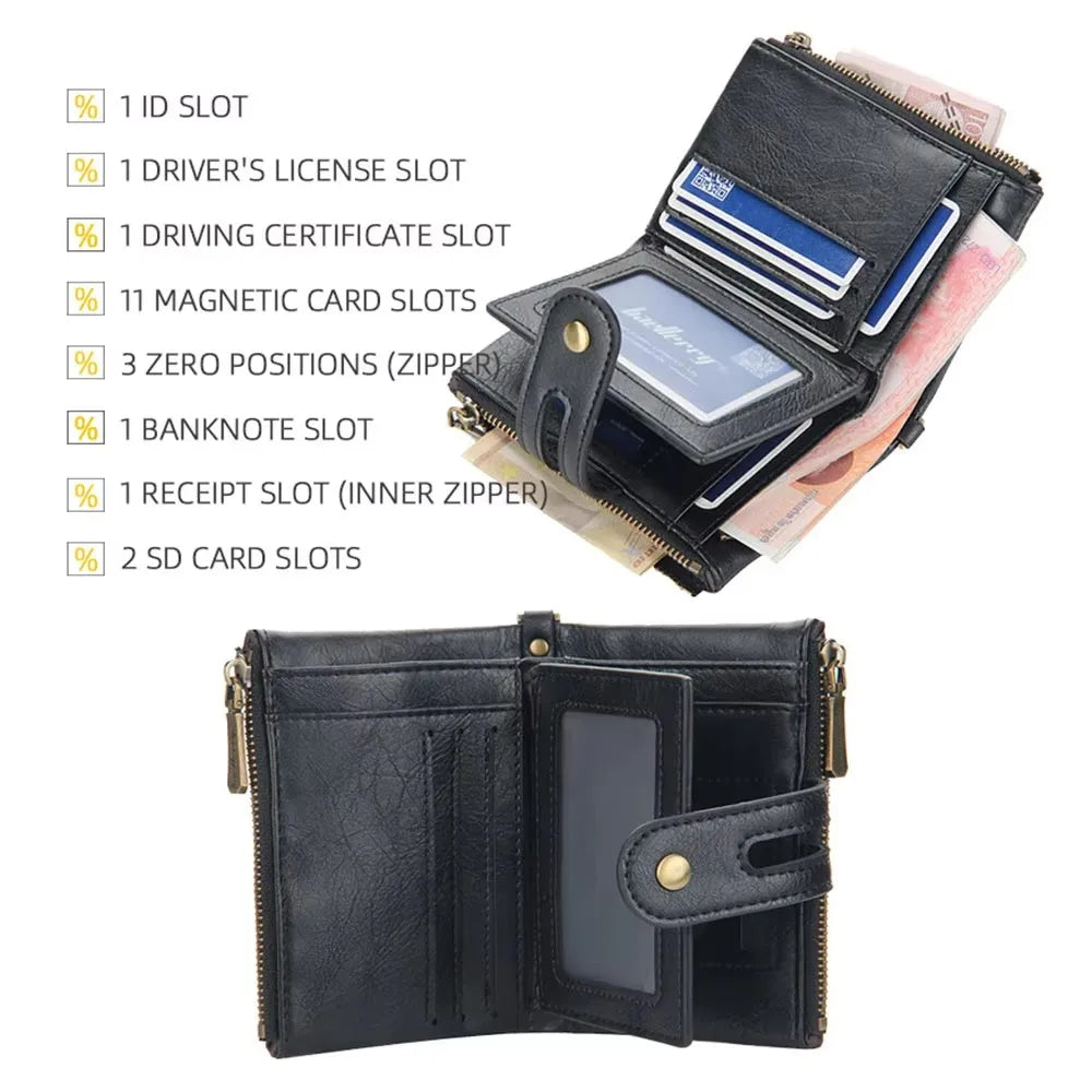 New Men Wallets Name Engraving 11 Card Holders Men Short Purse Double Zipper Coin Pocket High Quality Male Purse Cartera