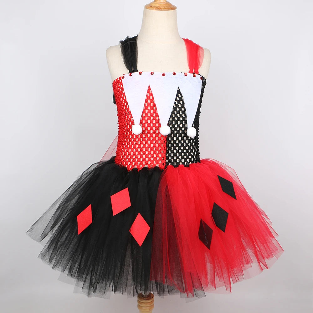 Kids Clown Costume for Girls Red & Black Joker Tulle Tutu Dress Outfits Toddler Girls Halloween Carnival Party Dress Up Clothes