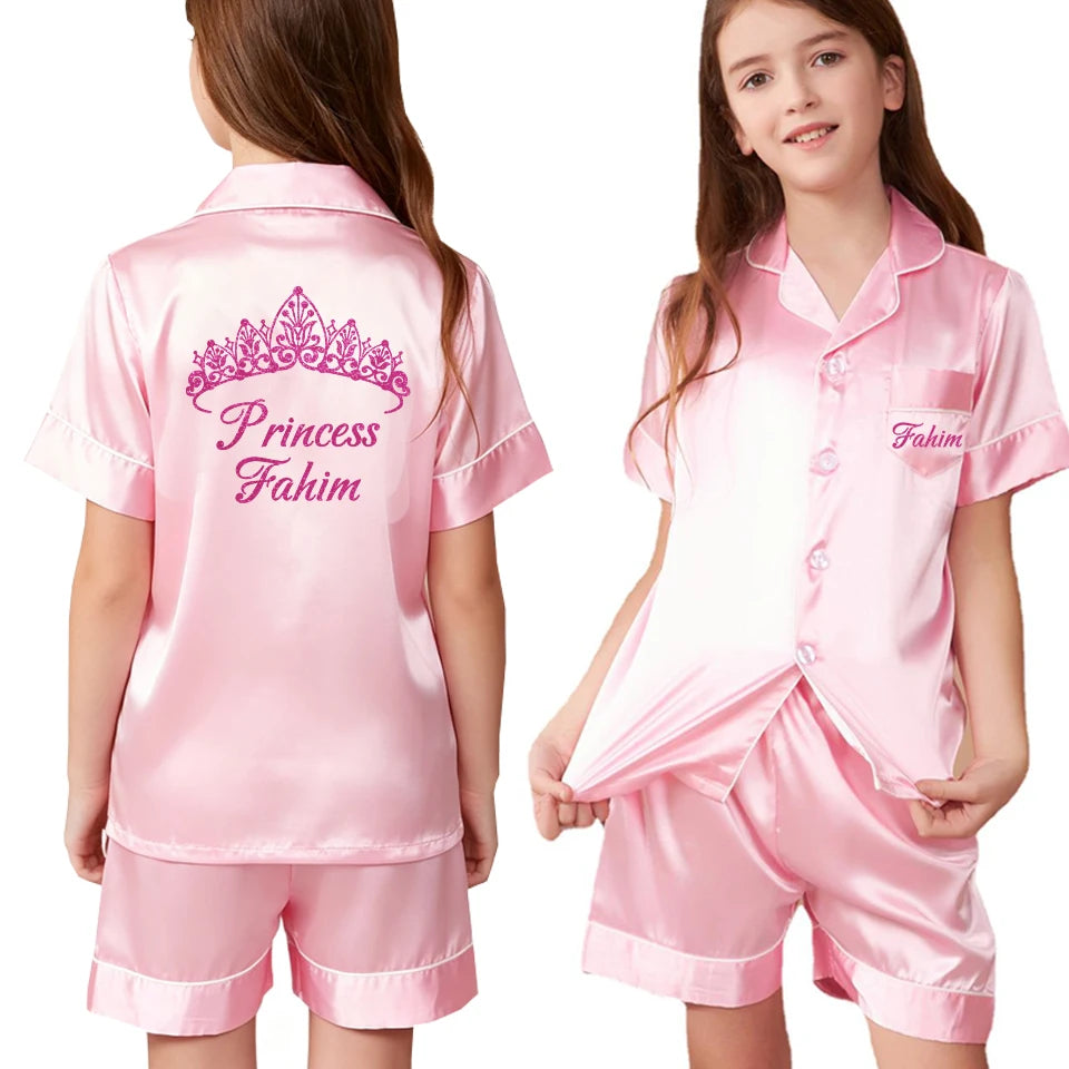 Custom Name and Date Children Pajama Silky Satin Pajamas Flower Girl Personalized Happy Birthday Pajamas Kids Princess Pajamas