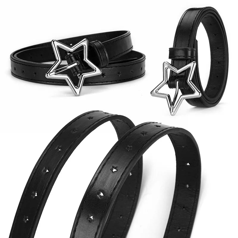 1.8x93cm Children Kids Five-pointed Star Metal Snap PU Leather Belt Girls Boys Silver Buckle Waistband Pants Decor Waist Belt