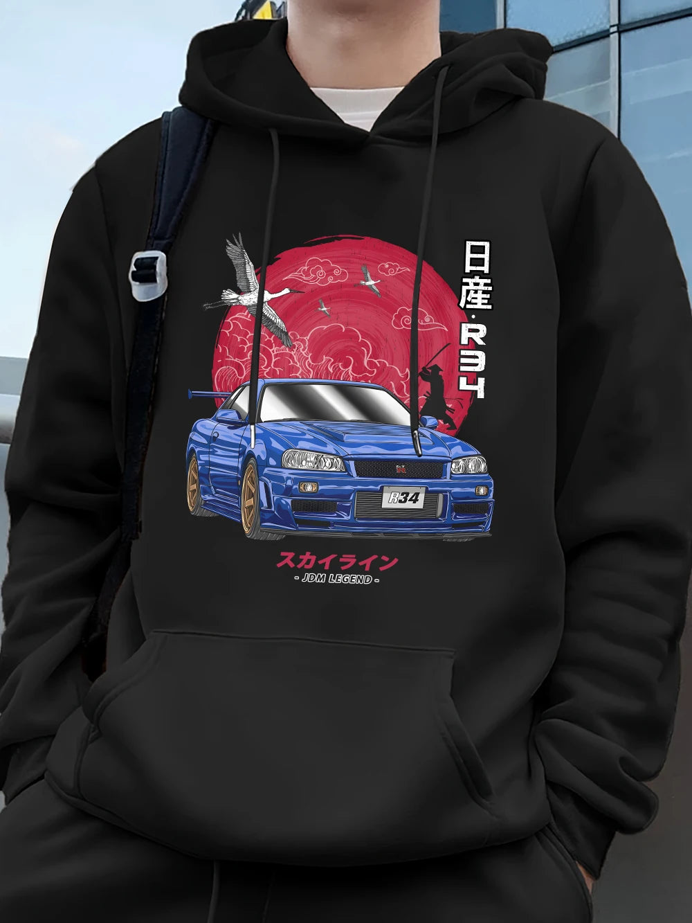 Nippon Jdm Skyline Gtr R34 Prints Mens Hoodies Autumn Pocket Sweatshirt Basics Fleece Warm Loose Pullover Korean Men'S Clothes