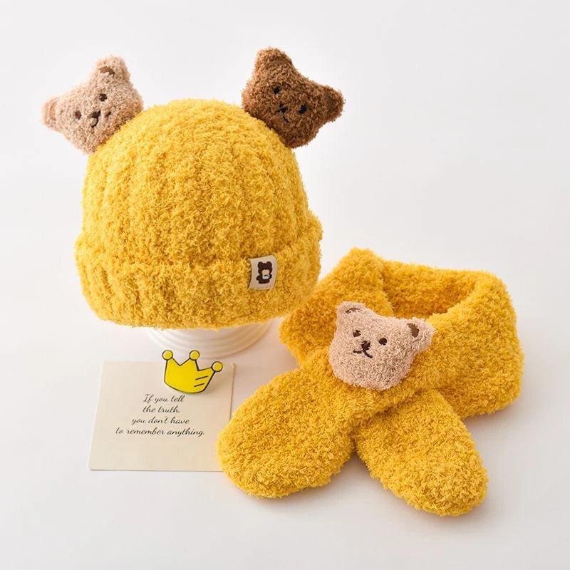 Baby Hat Scarf For Girls Boys Winter Warm Set Cartoon Bear Cold-proof Clothing For Kids Children Stuff Brimless Cap Scarf