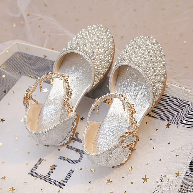 Girls High Heeled Shoes for Wedding Party Glitter Rhinestone Pendants Shiny Glitter Fashion Princess Kids Leather Dress Shoes
