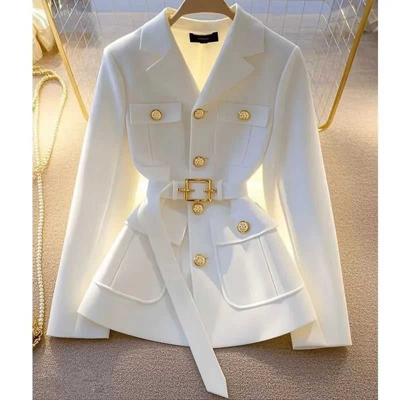 Women Blazer Coat New 2025 Autumn Long Sleeve Single Breasted Belt Pocket Elegant Office Ladies Suit Jacket Lady Outerwear Tops