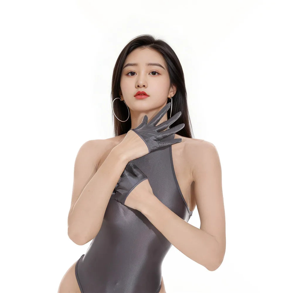 Sexy Women Stain Smooth Half Gloves Oil Glossy Shiny Elastic Glove Cosplay Maid Dance Gloves Stage Wear Plus Size